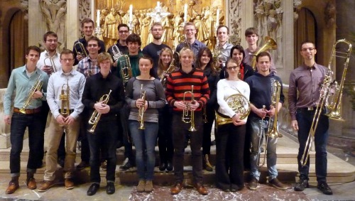 Der Posaunenchor der ESG Dresden beim Jahresanfangsgottesdienst in der Kreuzkirche Dresden, Januar 2016.