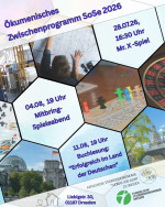 Veranstaltungsbewerbung Ökumenisches Zwischenprogramm im wabenartigen Design mit unterschiedlichen Bildern